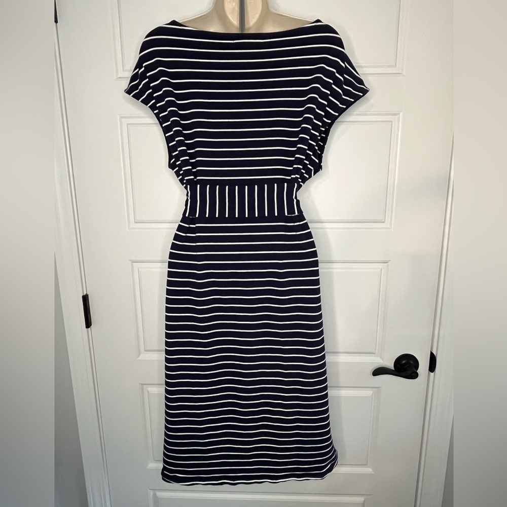 Lauren Ralph Lauren Nautical Navy White Striped Dress Belted Classic Preppy Sz L - Picture 5 of 10